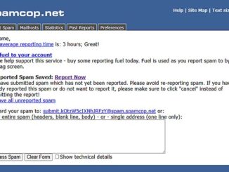 Interface membre de SpamCop montrant le champ de saisie pour soumettre un rapport de spam.