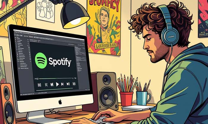 Artiste indépendant en studio utilisant un ordinateur pour gérer sa musique et analyser ses statistiques de streaming sur Spotify.