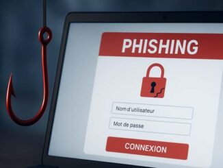 Illustration d’une tentative de phishing avec un écran d’ordinateur affichant une fausse page de connexion en français et un hameçon rouge symbolisant l’attaque numérique.