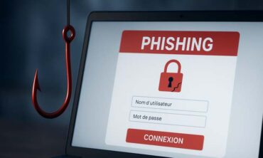 Illustration d’une tentative de phishing avec un écran d’ordinateur affichant une fausse page de connexion en français et un hameçon rouge symbolisant l’attaque numérique.