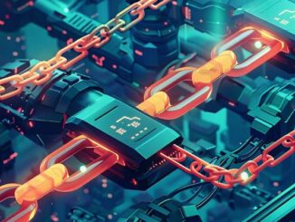  Illustration numérique abstraite d’une blockchain, montrant des blocs interconnectés et des chaînes de données lumineuses sur fond sombre, symbolisant le stockage sécurisé et la transmission d’informations décentralisée.