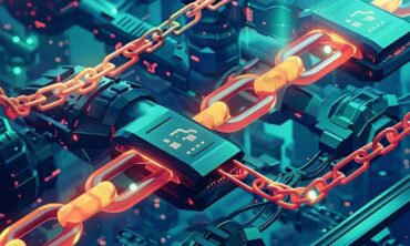  Illustration numérique abstraite d’une blockchain, montrant des blocs interconnectés et des chaînes de données lumineuses sur fond sombre, symbolisant le stockage sécurisé et la transmission d’informations décentralisée.