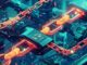  Illustration numérique abstraite d’une blockchain, montrant des blocs interconnectés et des chaînes de données lumineuses sur fond sombre, symbolisant le stockage sécurisé et la transmission d’informations décentralisée.