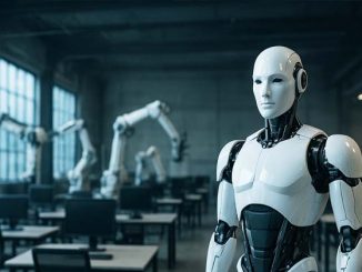 Un robot humanoïde debout parmi plusieurs autres robots, symbolisant le remplacement des employés humains dans un environnement professionnel.