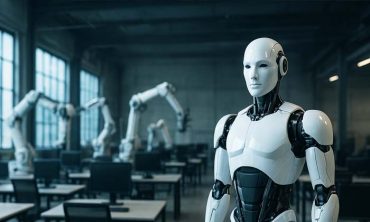 Un robot humanoïde debout parmi plusieurs autres robots, symbolisant le remplacement des employés humains dans un environnement professionnel.