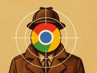 Illustration d’un détective en gabardine et chapeau, dont la tête est remplacée par le logo Chrome placé au centre d’une cible de tir, symbolisant l’espionnage potentiel des utilisateurs par le navigateur Chrome.