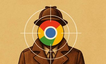 Illustration d’un détective en gabardine et chapeau, dont la tête est remplacée par le logo Chrome placé au centre d’une cible de tir, symbolisant l’espionnage potentiel des utilisateurs par le navigateur Chrome.