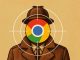 Illustration d’un détective en gabardine et chapeau, dont la tête est remplacée par le logo Chrome placé au centre d’une cible de tir, symbolisant l’espionnage potentiel des utilisateurs par le navigateur Chrome.